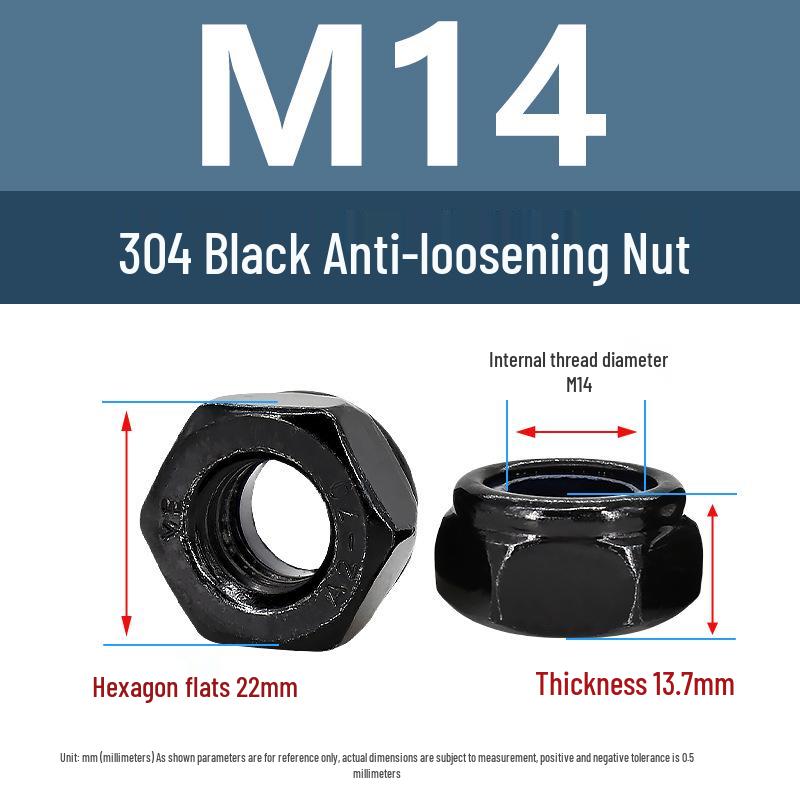 Black Anti-Loosening Locking Hex Nut (M2-M14) - 304 Stainless Steel