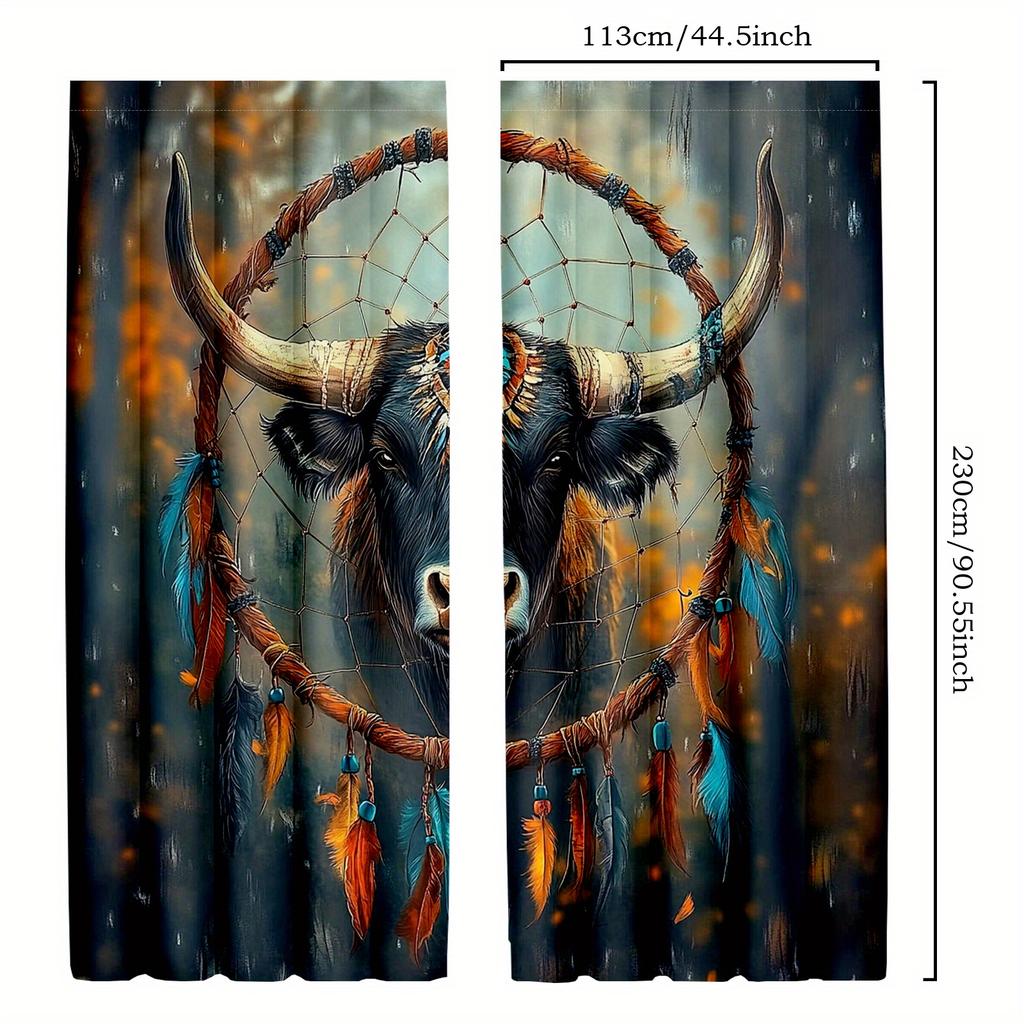 2pcs Highland Cow Dreamcatcher Curtains - Boho Chic Feather Design   Semi-Transparent Polyester Drapes with Vibrant Autumnal Fore