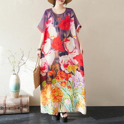 DIMANAF 2025 Sommer Damen Übergröße Lockeres Kleid Strand Vintage Basic Casual Langes Kleid Blumendruck Urlaubs-Kleid