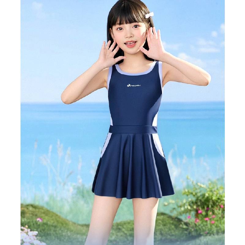 Childrens Swimsuit Girl Onepiece Sunscreen Dress With Detachable Bra For Water Sports