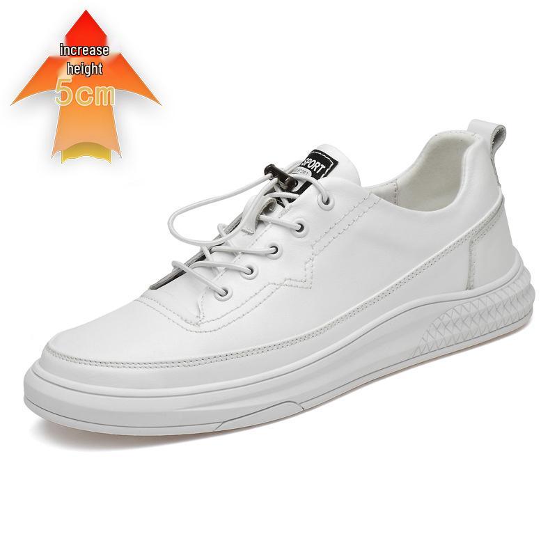 Men s Trendy White Cowhide Casual Shoes - 5cm Invisible Height Boost 42