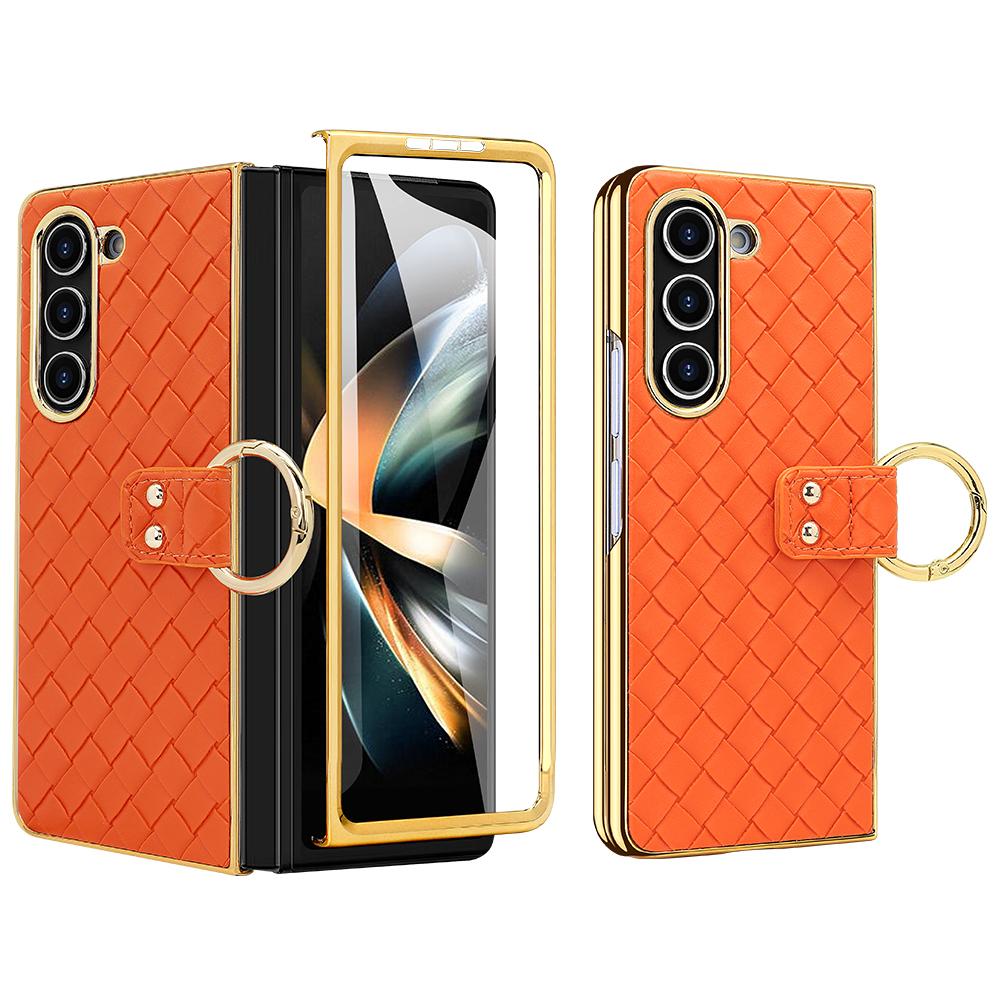 Für Samsung Galaxy Z Fold5 5G Hülle Gewebte Textur Leder+PC Handyhülle mit Rückseitenfolie