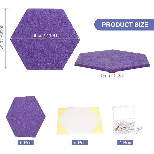 PATIKIL Felt Bulletin Board, 12"x10", 6 Packs Self Adhesive Hexagon Felt Tiles for Sound Proofing Wall Panels for Home Office Recording Studio,Game