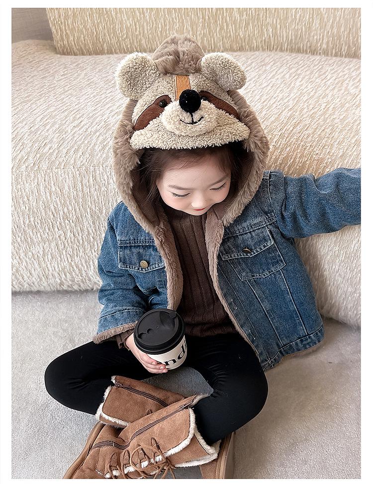 Girls' Fleece-Lined Denim Jacket - Warm Korean Style Autumn/Winter Cotton-Padded Top for Little Girls