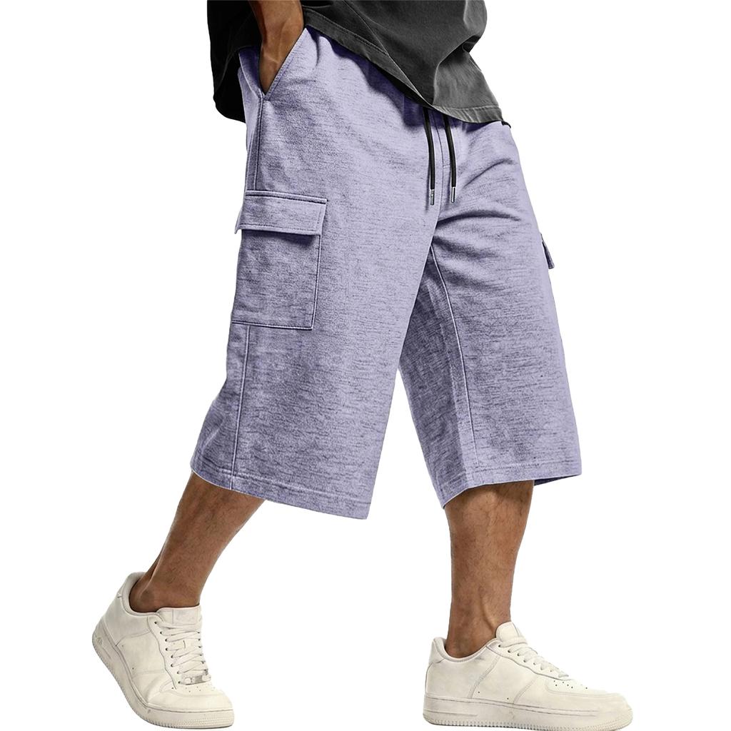 Men's Casual Drawstring Cargo Shorts Knee Length Loose Fit Lightweight Breathable Fabric with Multiple Pockets for Everyday Wear