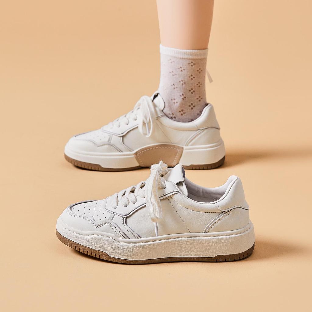 2025 Autumn Women's White Cowhide Leather Platform Sneakers - Height-Boosting German-Style Casual Shoes