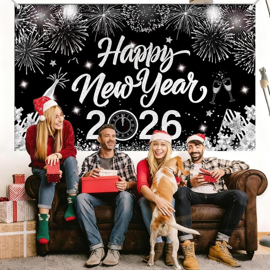 2026 New Year Banner Decorations 2026 Happy New Year Eve Party Decor, Black Silver Backdrop Party Supplies,71x43 Inches