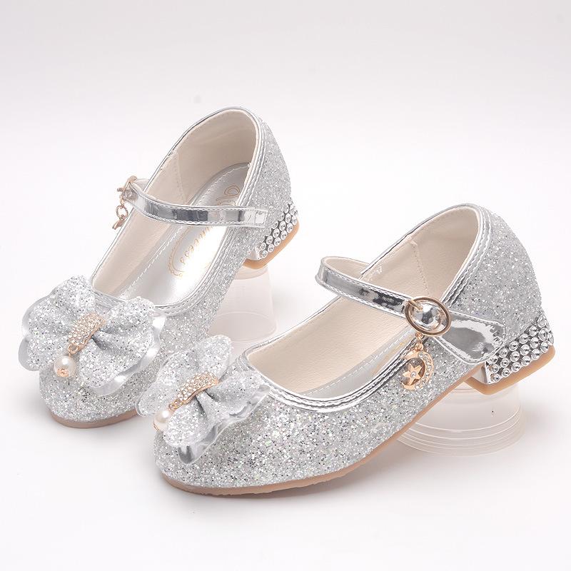 

Девочки Мягкая подошва Высокие каблуки Хрустальные туфли Туфли принцессы Модные Кожаные туфли для выступлений 38 серебряный