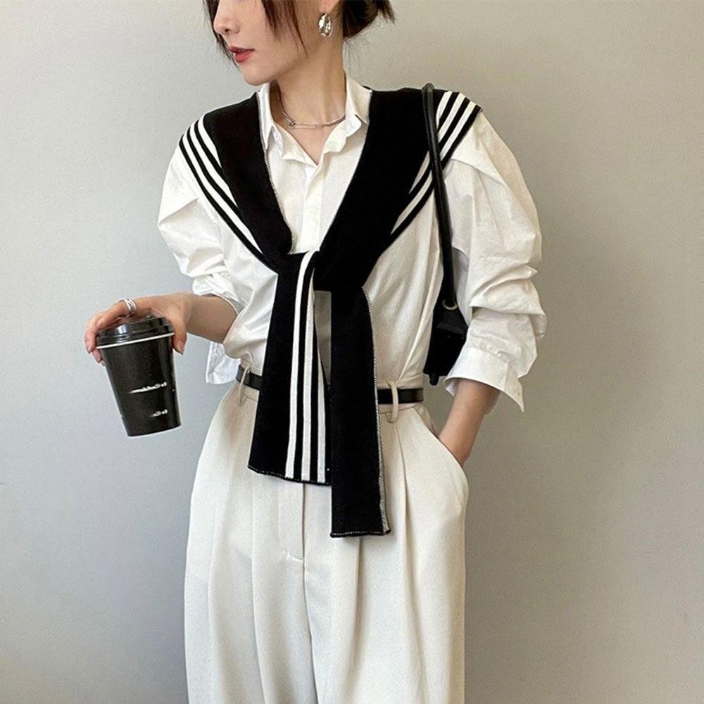 Black and White Striped Black White Striped Shawl Spring and Autumn Knitted Fake Collar