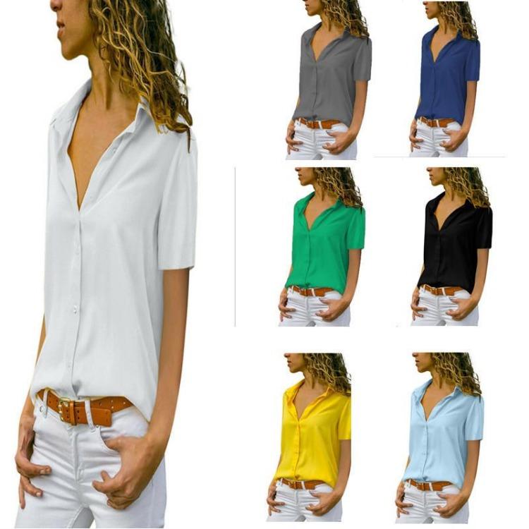 Plus Size Women Short Sleeve Solid Color Button Up Chiffon Blouse Turn Down Collar Summer Tops