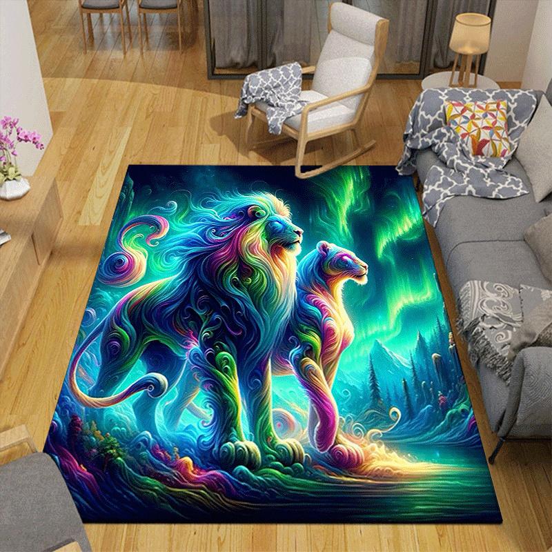 1pc Colorful lion couple Print, Design Indoor Area Rug - Soft, Anti-Slip, and Durable Gaming Room Decor for Bedroom