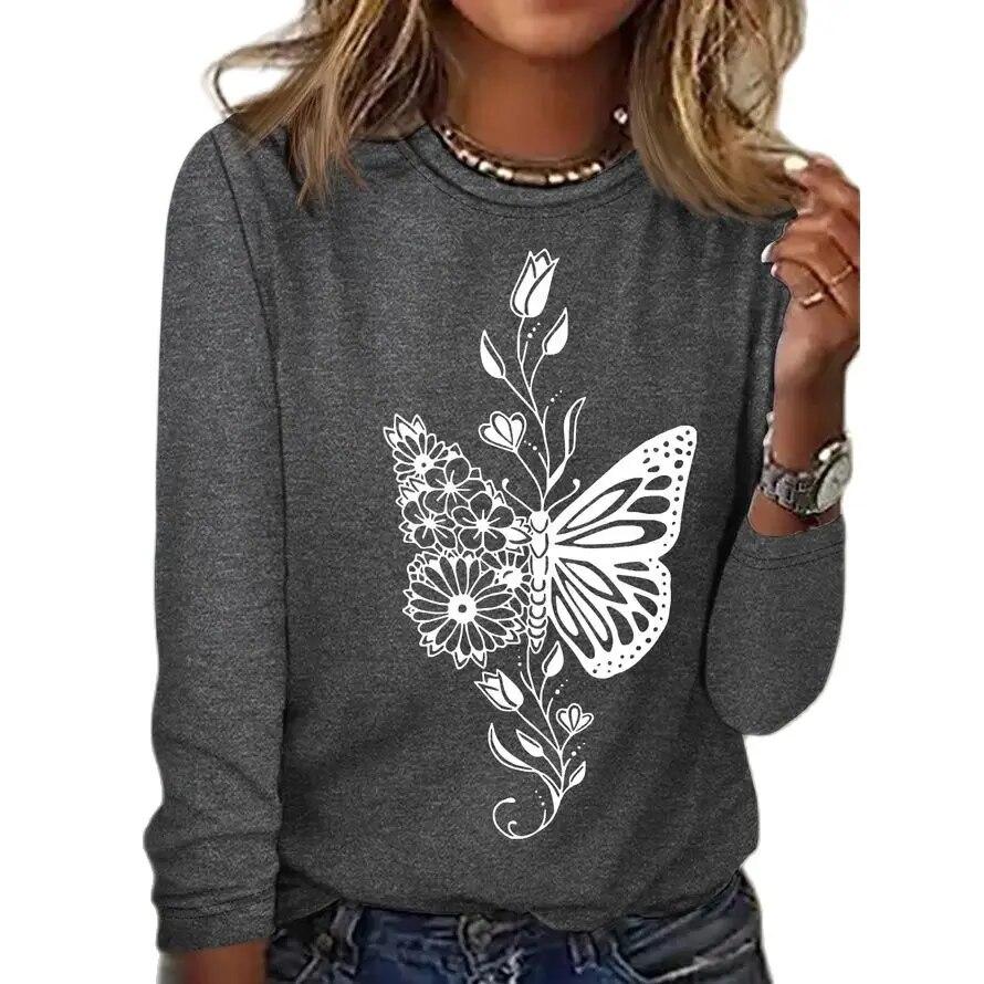 Women's 3d T-Shirt O-Neck Long Sleeve Butterfly Fashion Animal Print Large Casual Vintage Street Wear Oversized Female Clothing