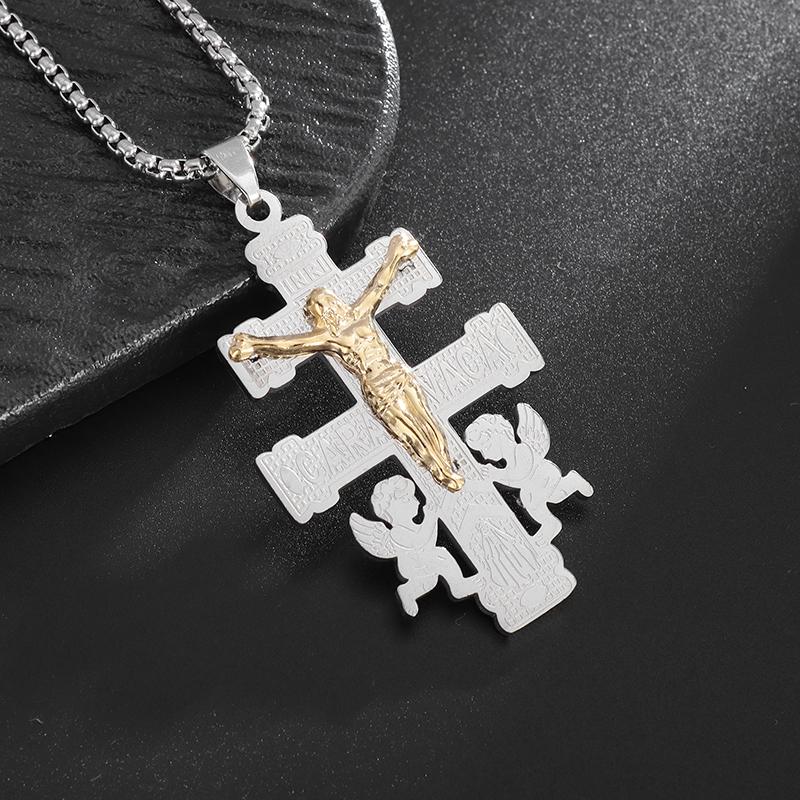 Vintage Christian Jesus Cross Stainless Steel Pendant Little Angel Prayer Necklace Men Women Faith Amulet Jewelry