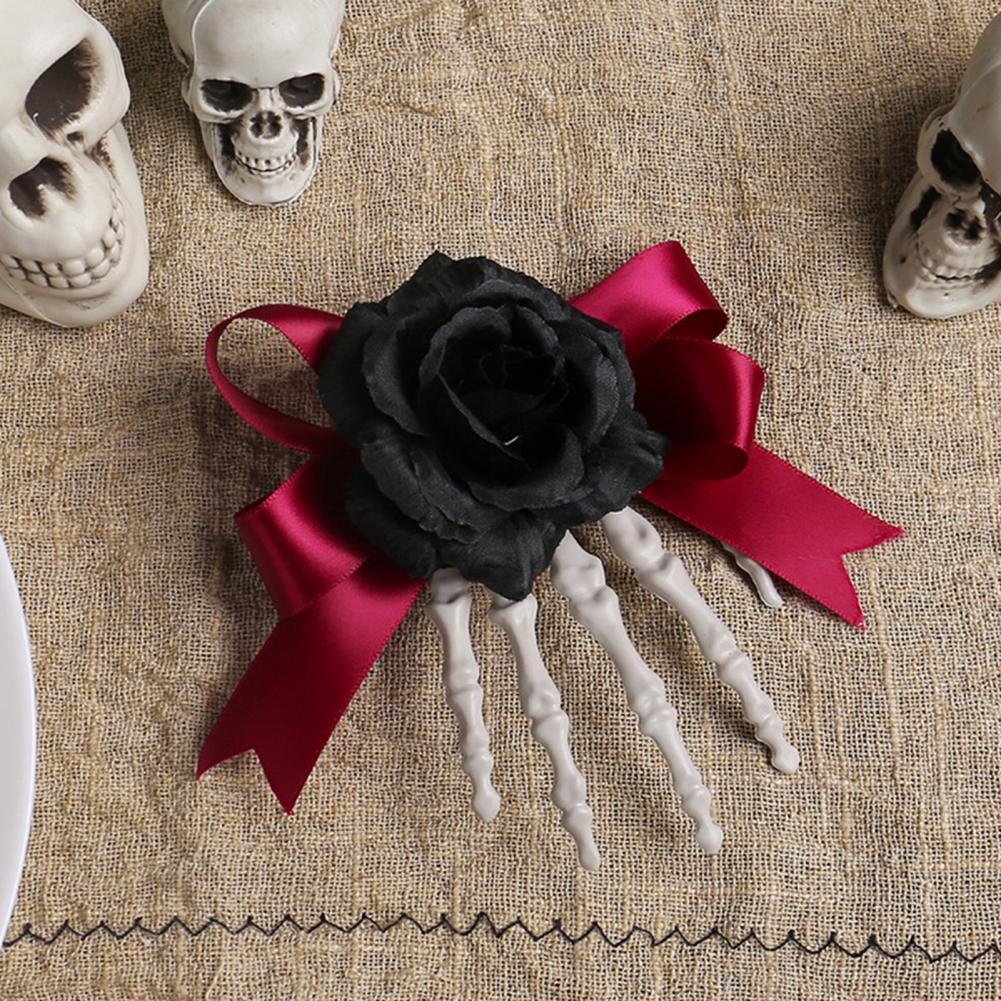 Halloween Hair Pin Skeleton Hand Frame Artificial Rose Flower Bow Decoration Hair Clip Dark Horror Style Hairpin