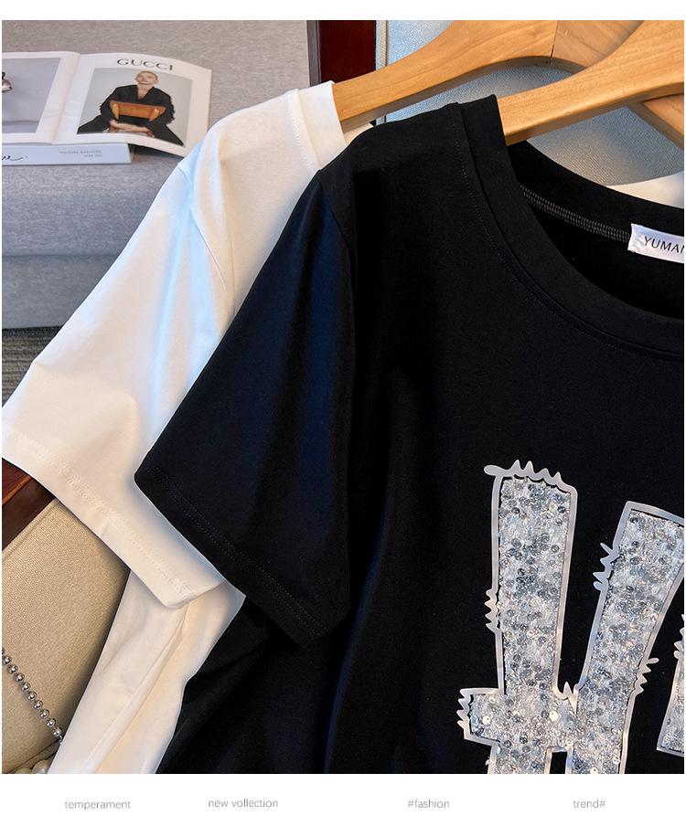 Women's Plus Size Loose Fit Mid-Length Round Neck T-Shirt, Short-Sleeved (Sizes 200/300/350 jin)