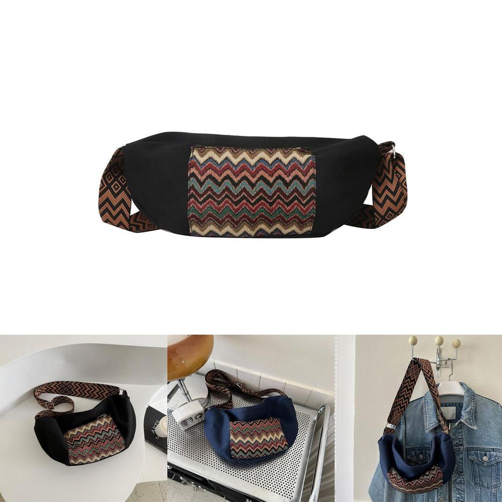 Stylish Tribal Canvas High Capacity Leisure Bag 2024 New Korean Winter Striped Fanny Pack Shoulder Crossbody Bag Coffee