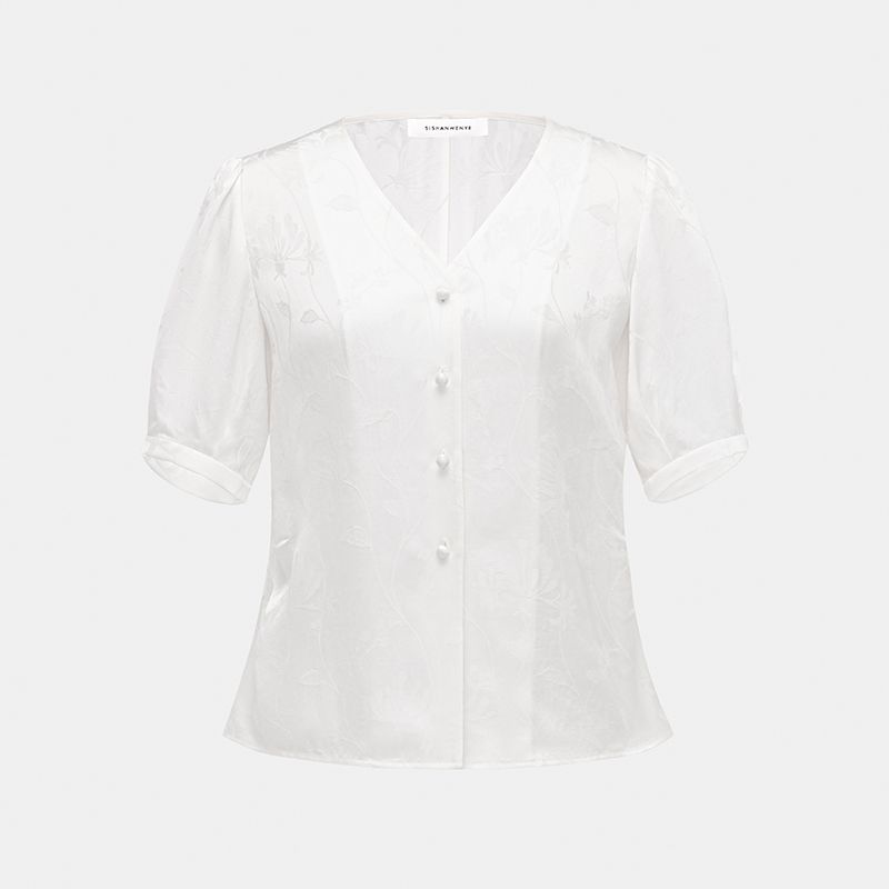 

Sishan Wen Also Clear Palpitations/Jinshang Tianyun Jacquard Texture Sense Slim fit New Chinese Style Pleated V-neck Shirts Women Summer Chrysanthemum White M