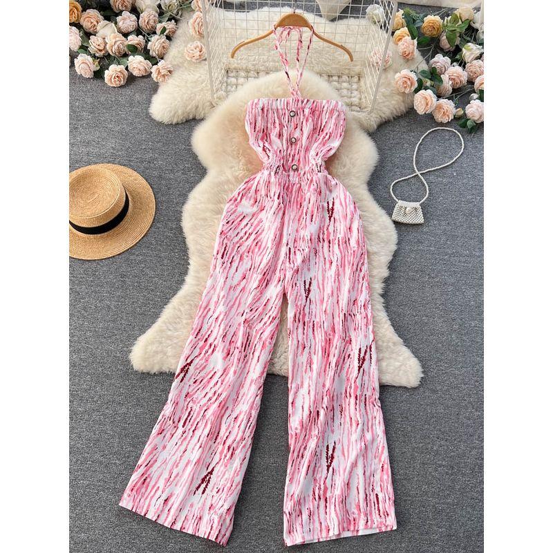 Spring and Summer New Holiday Travel Hot Street Tie-Dye Sling Fashion Chiffon Drape Halter Wide Leg One-Piece Long Pants