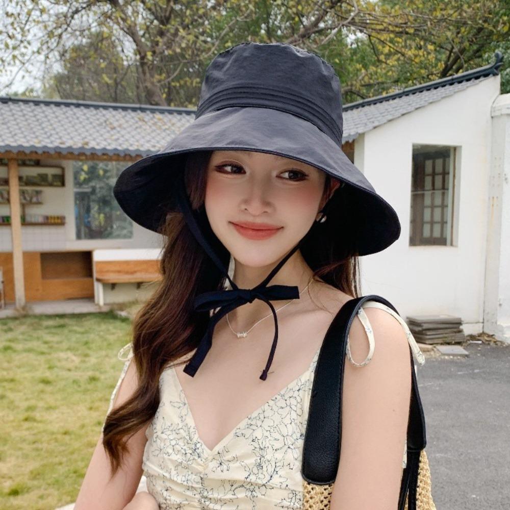 Καπέλο Ψαρά με Φαρδύ Γείσο και Φιόγκο, Αναδιπλούμενο Καπέλο Κάδος με Αντηλιακή Προστασία, Μοντέρνο Καπέλο Ηλίου με Κορδόνια