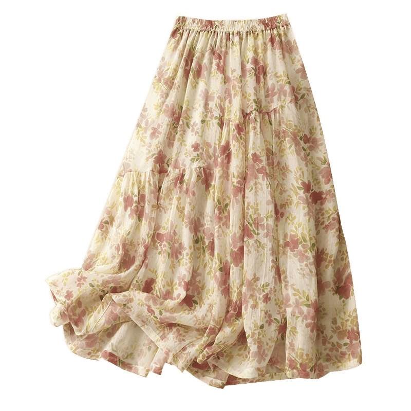 Baumwolle und Leinen kleinblumig Baumwolle und Leinen A-Linie mittel und lang unregelmäßiger Kuchenrock dünn Sommer doppellagig