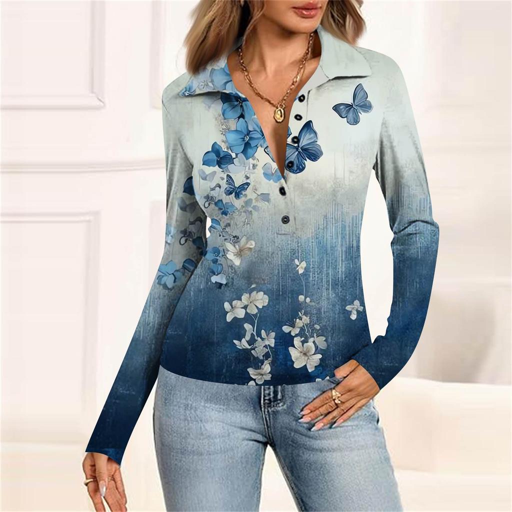 Damenmode Lässig Bedrucktes V-Ausschnitt Langarm Knopfleiste Oberteil