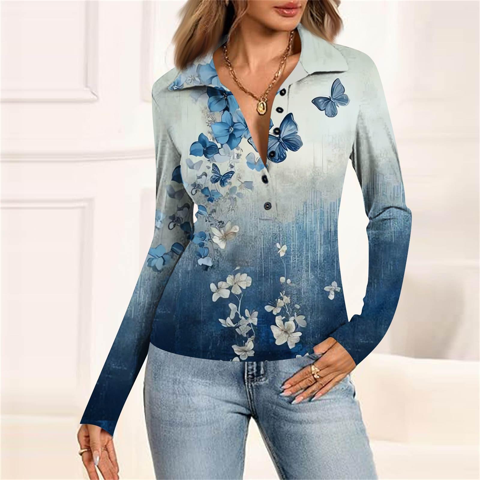 

Женская мода Повседневный принт V-образный вырез Длинный рукав Застегивающаяся на пуговицы блузка L