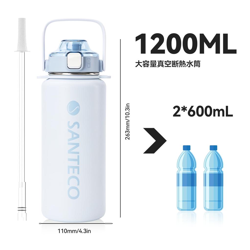 SANTECO Izolowany próżniowo sportowy bidon z odpinanym paskiem na ramię Utrzymuje zimno i Zawiera Kompatybilny ze sportowym stylowym szerokim ustnikiem do bezpośredniego picia