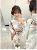 White Off-Shoulder Graffiti Print Long-Sleeve Blouse with Drawstring