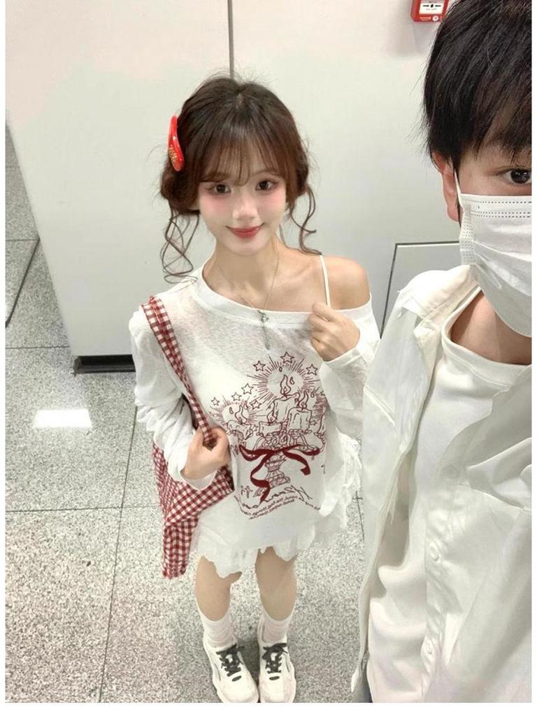 White Off-Shoulder Graffiti Print Long-Sleeve Blouse with Drawstring