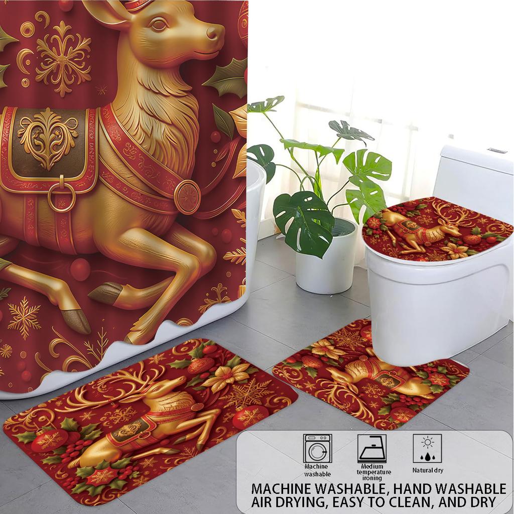 4 Stück Weihnachts-Gold-Rentier Rot Bedrucktes Badezimmer-Set 180x180 Wasserdichter Duschvorhang Bodenmatte, U-förmige Matte, Toilettensitzbezug