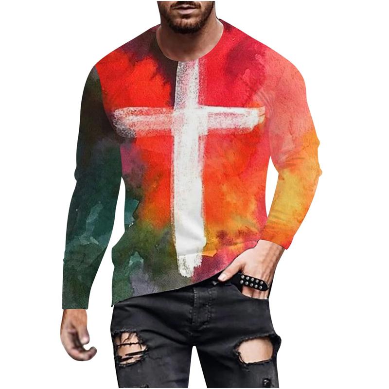 Jesus Cross 3D Print T-Shirts Men's Round Neck Long Sleeve T Shirt Streetwear Harajuku Y2k Hip Pop Street Wear Tops Mens Clothes