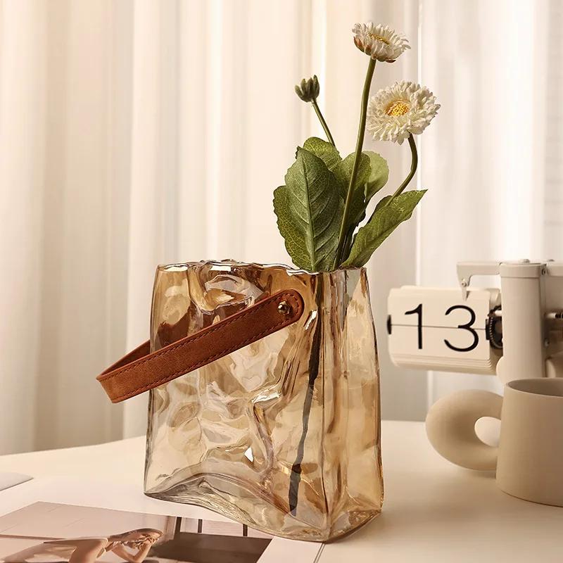 Creative Glass Vase Bag Shape Leather Handbag Terrarium Transparent Hydroponics Flower Pot Home Decoration Accessories