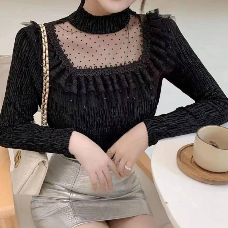 2025 Jaro/Podzim Sexy & Stylová Zlatá Sametová Síťovaná Halenka s Polovysokým Límcem pro Ženy