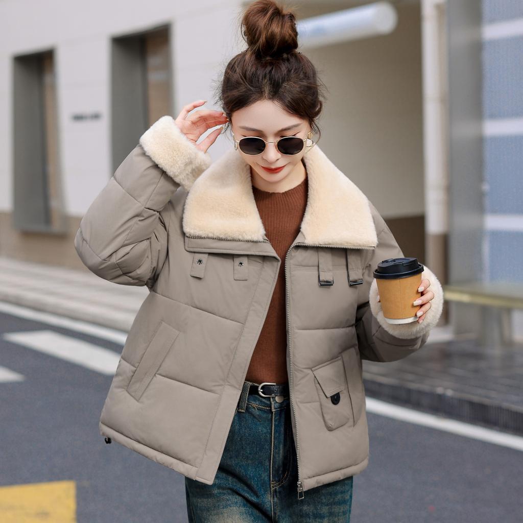 New Winter Cotton Jacket Loose Versatile Short Warm Cotton Jacket Fashionable Simple Women's Jacket Lamb Fur Collar