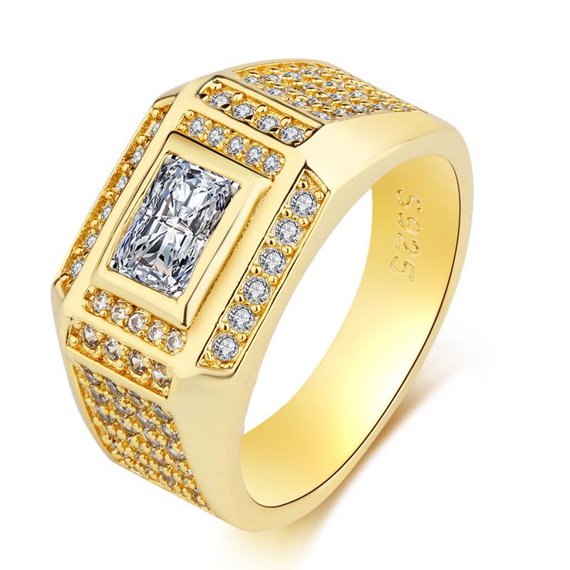 

SanJie Luxe Gold Electroplated Diamond Men s Ring - Rectangular, Full Diamond Design Size 14