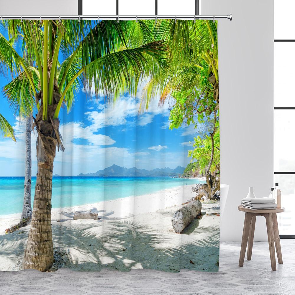 

Seaside Beach Shower Curtains Blue Ocean Island Coconut Trees Tropical Hawaii Nature Landscape Bathroom Curtain Decor with Hooks 90x180cm-35x70in