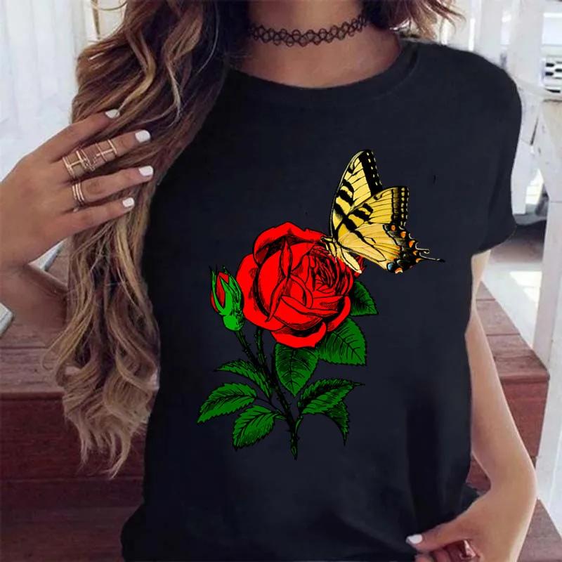 Woman Butterfly Tree Print Harajuku Summer Tshirts Casual Round Neck Short Slee Top Tee Shirt Women Black T-shirt Drop Ship