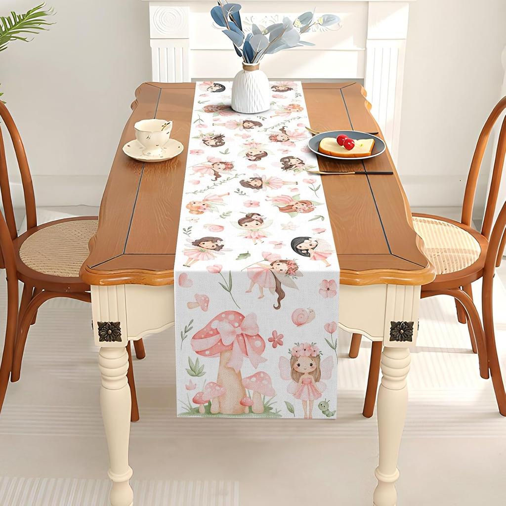 Pudodo Fairy Table Runner Enchanted Theme Girls Birthday Party Decoration Elf Mushroom Kitchen Dining Room Home Decor