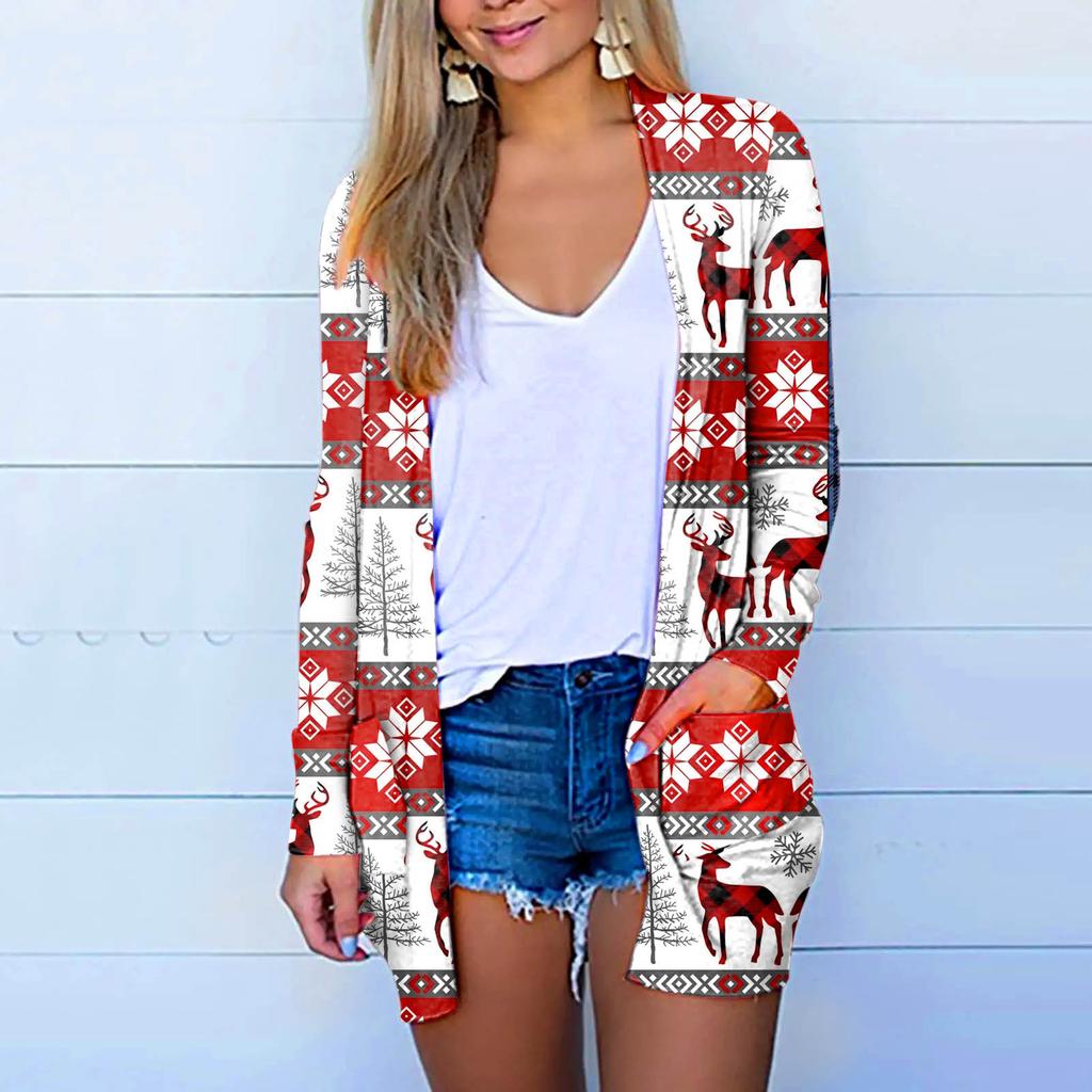 Women's Casual Printed Pocket Long Sleeve Open Coat
