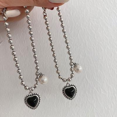 Pulsera de Corazón Negro de Plata de Ley 925 para Mujer Cadena de Cuentas Ajustable de Perla Pulsera Joyería