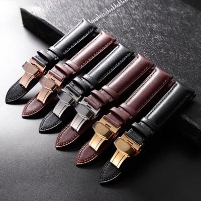 Calfskin Watch Strap Men's and Women's Cowhide Leather Belt Butterfly Buckle Accessories Wear-Resistant Black Universal 14mm 16mm 20mm 22mm 24mm