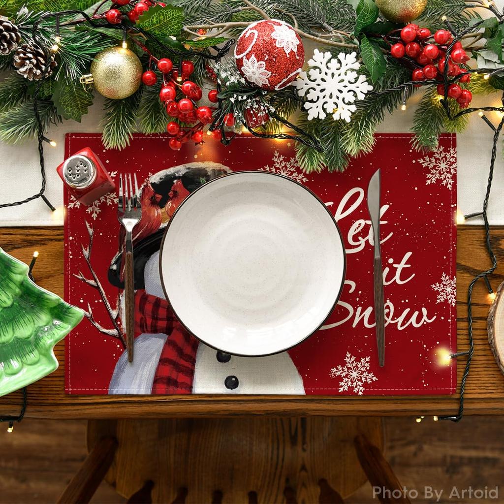 Red Snowman Let It Snow Winter Placemats Set of 4, 12x18 Inch Seasonal Christmas Holiday Table Mats for Party Kitchen Dining Decoration