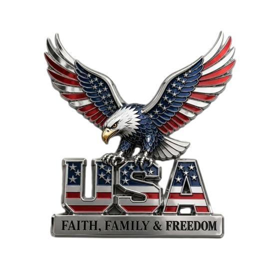 Yousheng USA Faith, Family & Freedom Metal Emblem, Eagle & USA Letters Patriotic Edition 3D Metal Car Emblem, 250th Anniversary Red & Blue Flag Auto 1pc