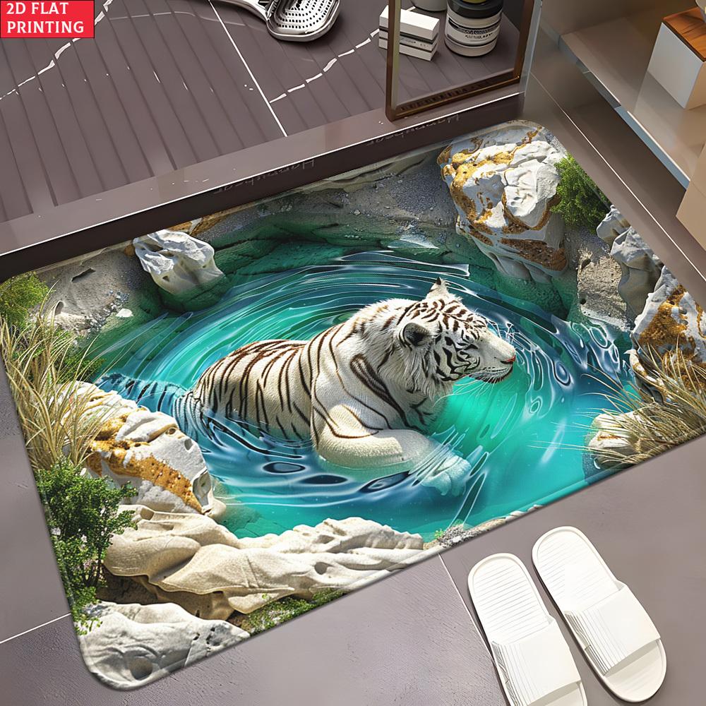 Illusion Pond Tiger 2D Flat Door Mat - Absorbent Washable Polyester Rug for Bedroom, Living Room Entrance & Bathroom Decor