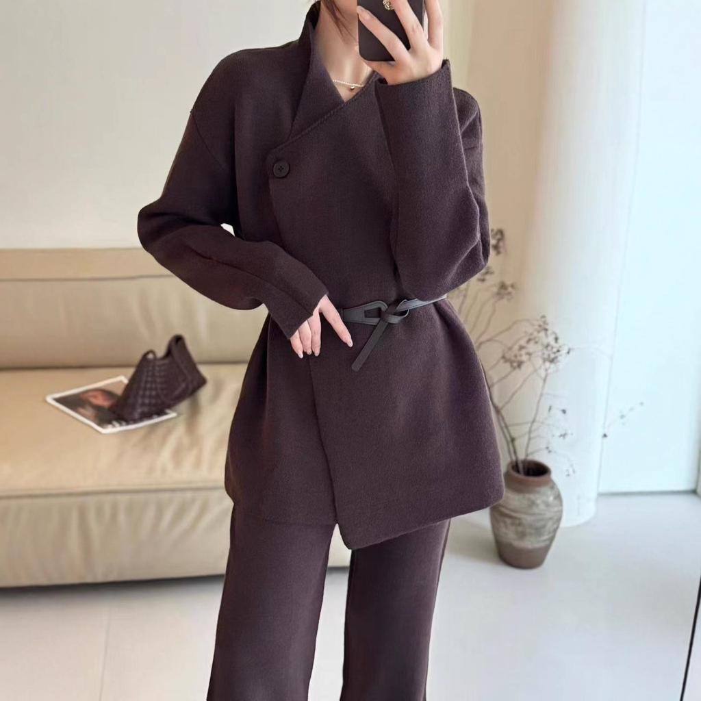 New European and American cross-border design belt, suit collar, knit cardigan, wide-leg pants, casual two-piece set