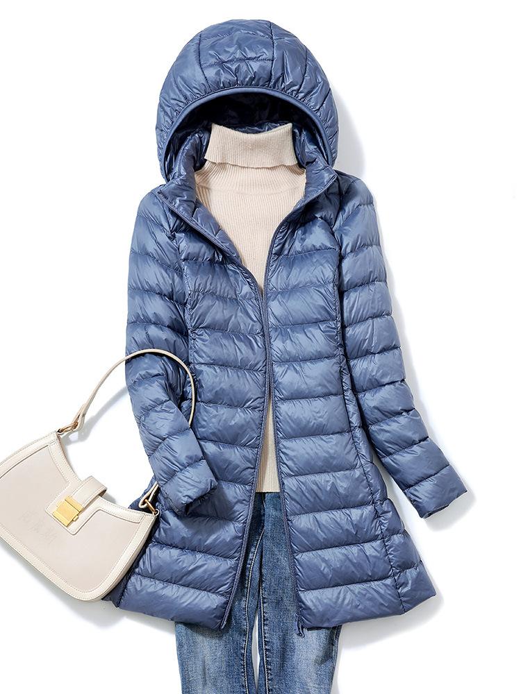 Giacca lunga imbottita ultraleggera e ripiegabile da donna, taglie forti, autunno e inverno, con cappuccio coreano sottile e cappuccio staccabile oversize