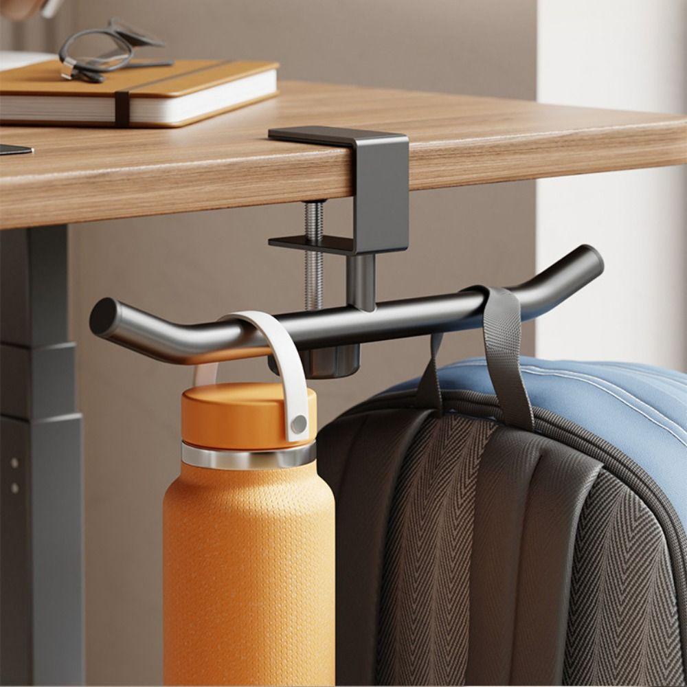 New Adjustable Desk Side Hook Hanging Double Pole Design Desk Mounted Hook Space Saving Carbon Steel Desk Side Handbag Rack