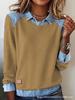 Abbigliamento donna europeo e americano ins colletto in denim maniche lunghe, maglione top a pullover con splicing in maglia