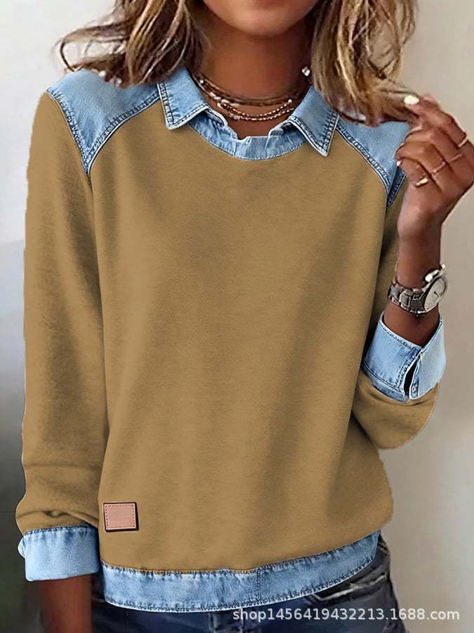 Abbigliamento donna europeo e americano ins colletto in denim maniche lunghe, maglione top a pullover con splicing in maglia