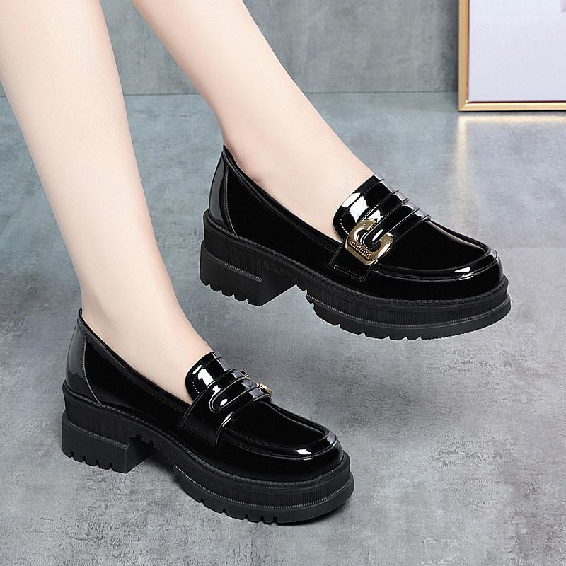 Women  Spring Autumn Deep Mouth High Heels Loafers Patent Leather Chunky Platform Pumps Slip On Black Office Mary Jane Shoes